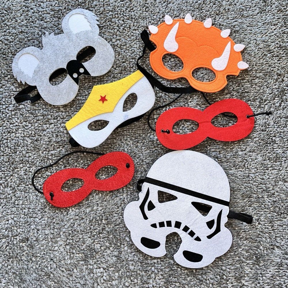 Set of 6 Felt Eye Masks Costume Koala Dino Storm Trooper Wonder Women‎ Kids 6"